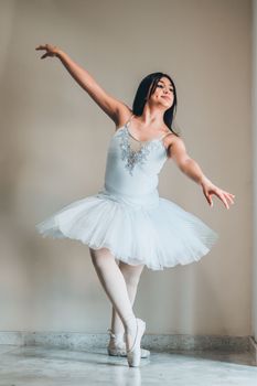 A ballet dancer elegantly posing in a white tutu, showcasing grace and poise indoors.