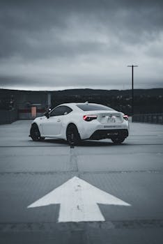 White sports car parked in urban rooftop lot under overcast skies. Modern elegance.
