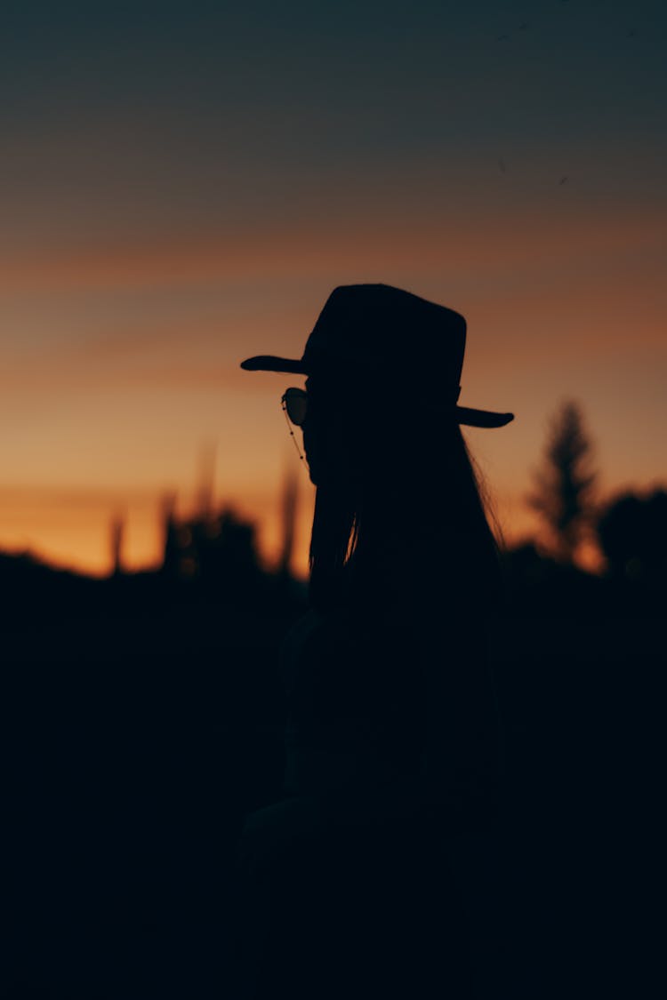 Silhouette Of Woman In Hat At Sunset