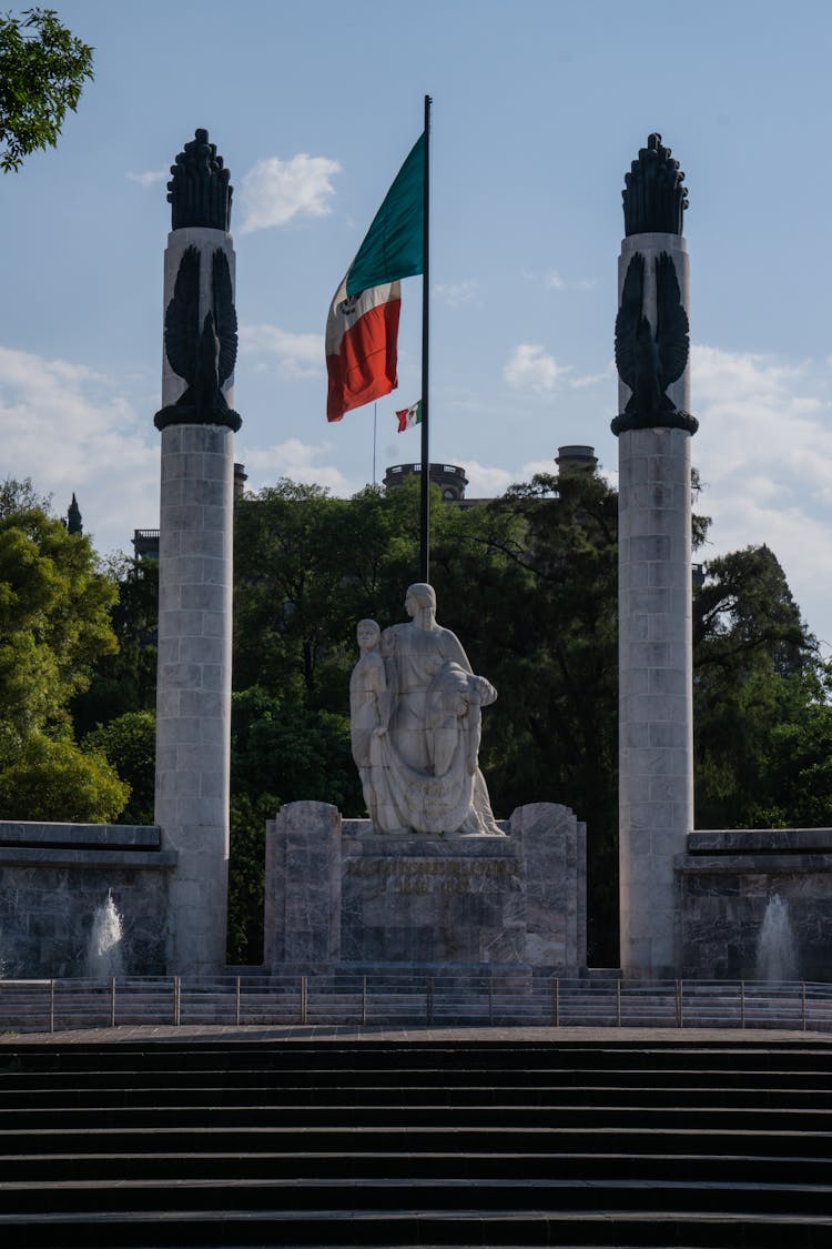 Monument To The Ninos Heroes In Mexico And A National Flag 