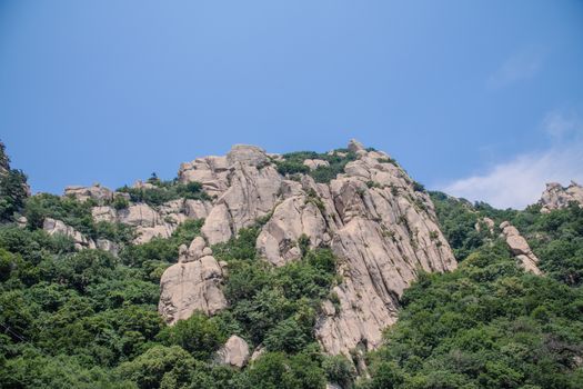 A scenic view of rocky mountains covered with lush green trees under a clear blue sky.