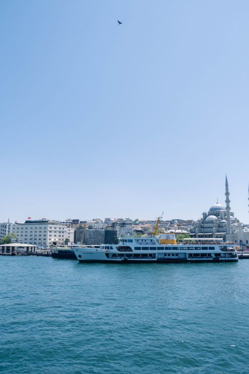 Free Cruise ship by Istanbul's coastline with a mosque and clear sky. Stock Photo