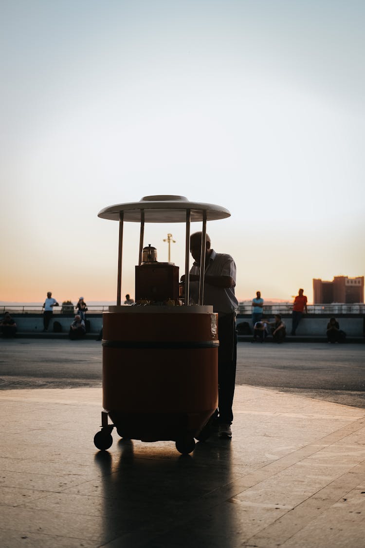 Street Vendor At His Mobile Stall On A Waterfront In The Evening, Ankara, Turkey