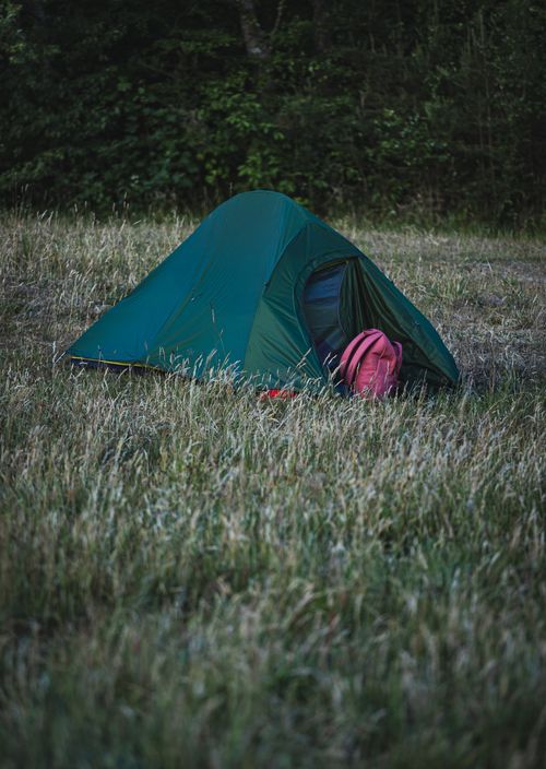 Free A serene outdoor camping scene featuring a green tent on lush grass in a countryside field at dusk. Stock Photo