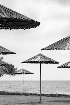 Black and white image of straw parasols by the sea, evoking a tranquil tropical beach setting.
