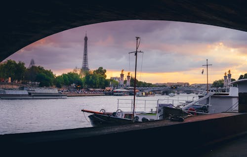 Paris from the edge of the Seine River at sunset