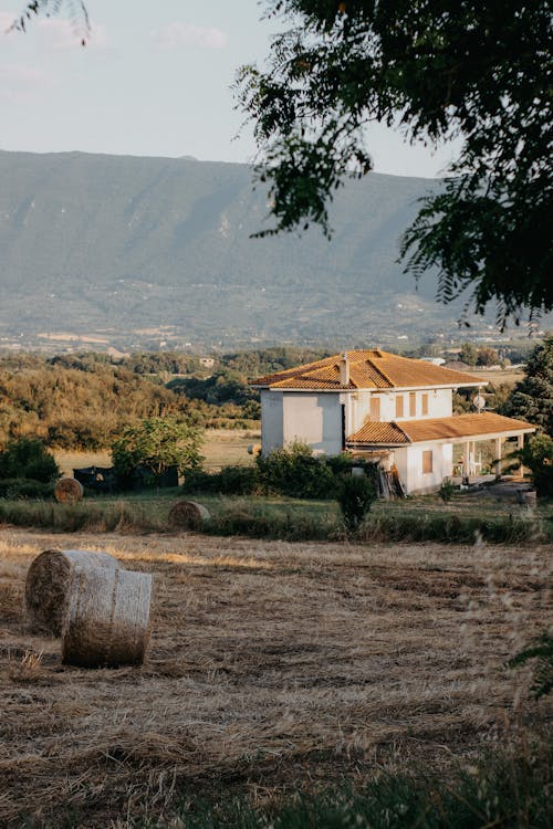 Hay Bales in a Field by a Farmhouse