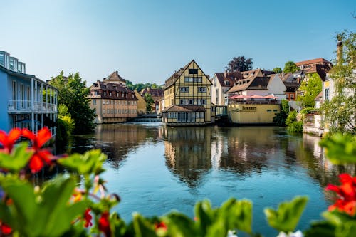 View Waterfront Buildings by the Regnitz River in Bamberg, Bavaria, Germany 
