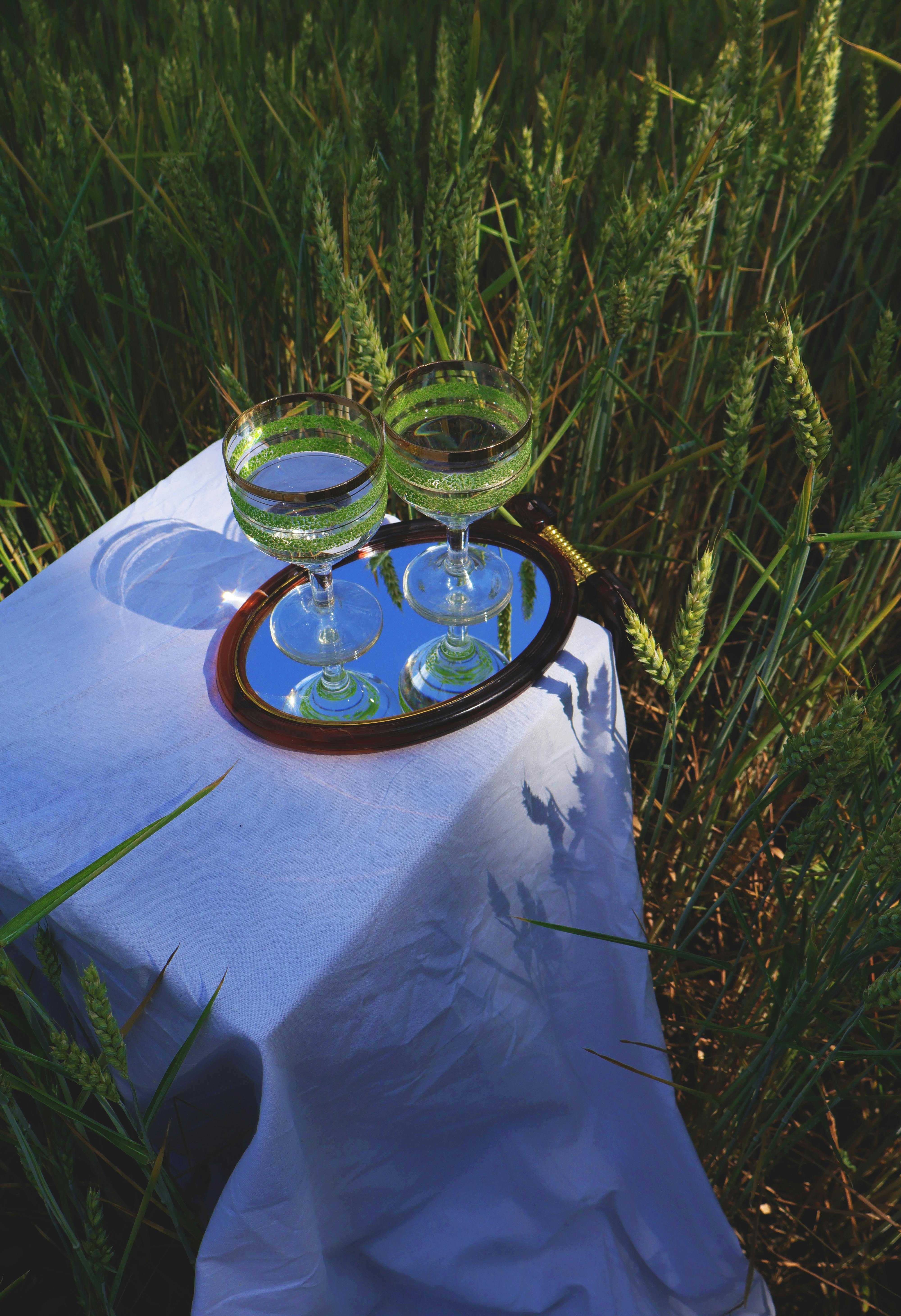 A refined outdoor table setting in a meadow featuring wine glasses on a mirror tray.
