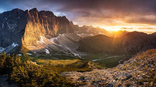 Valley in Alps at Sunset