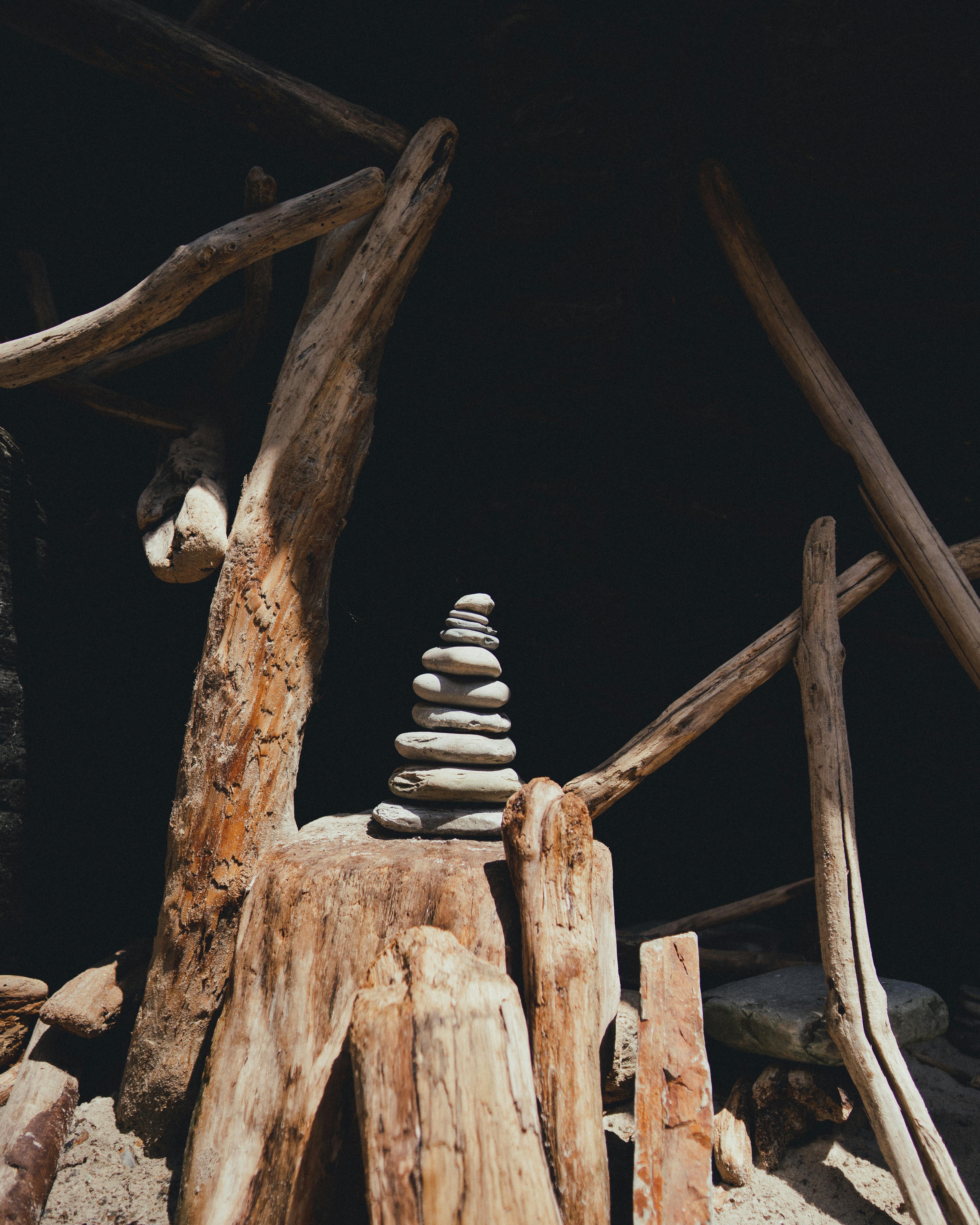 A balanced stone cairn stacked on a tree trunk surrounded by branches, in a sunlit forest scene.