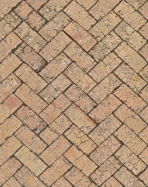 Detailed close-up of herringbone patterned brick pavement, ideal for urban background.