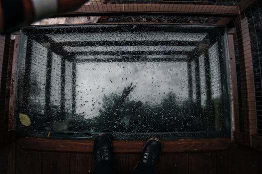 Dark footwear perched on a wet glass floor reflecting a rainy, moody sky.