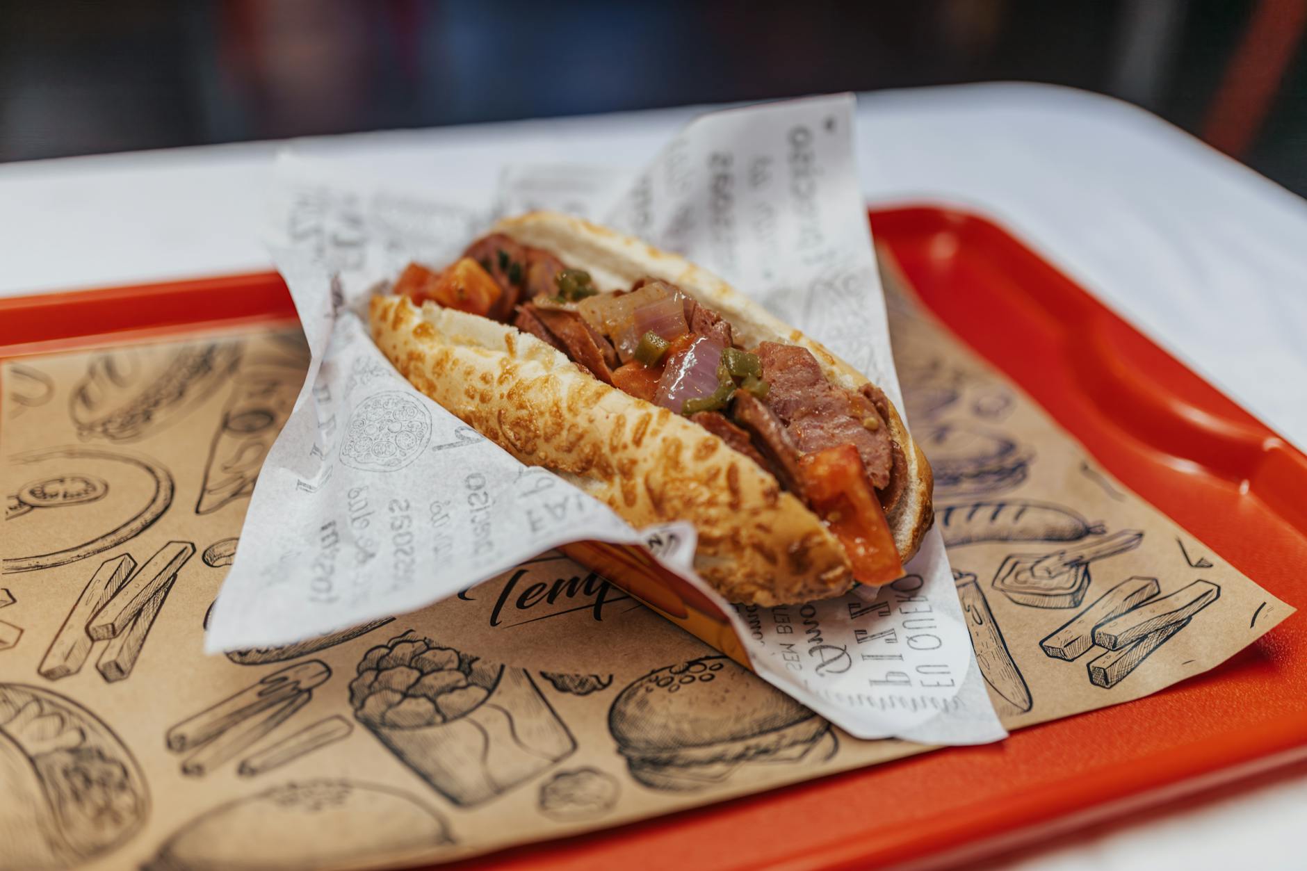 two all-beef coney dogs on steamed buns piled with chili and chopped onions on a red-and-white check