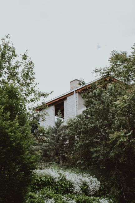 A rustic house nestled among dense trees and foliage, capturing a peaceful rural setting.