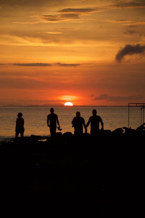 Free Four people enjoy the scenic sunset at the beach, silhouetted against the vibrant sky. Stock Photo