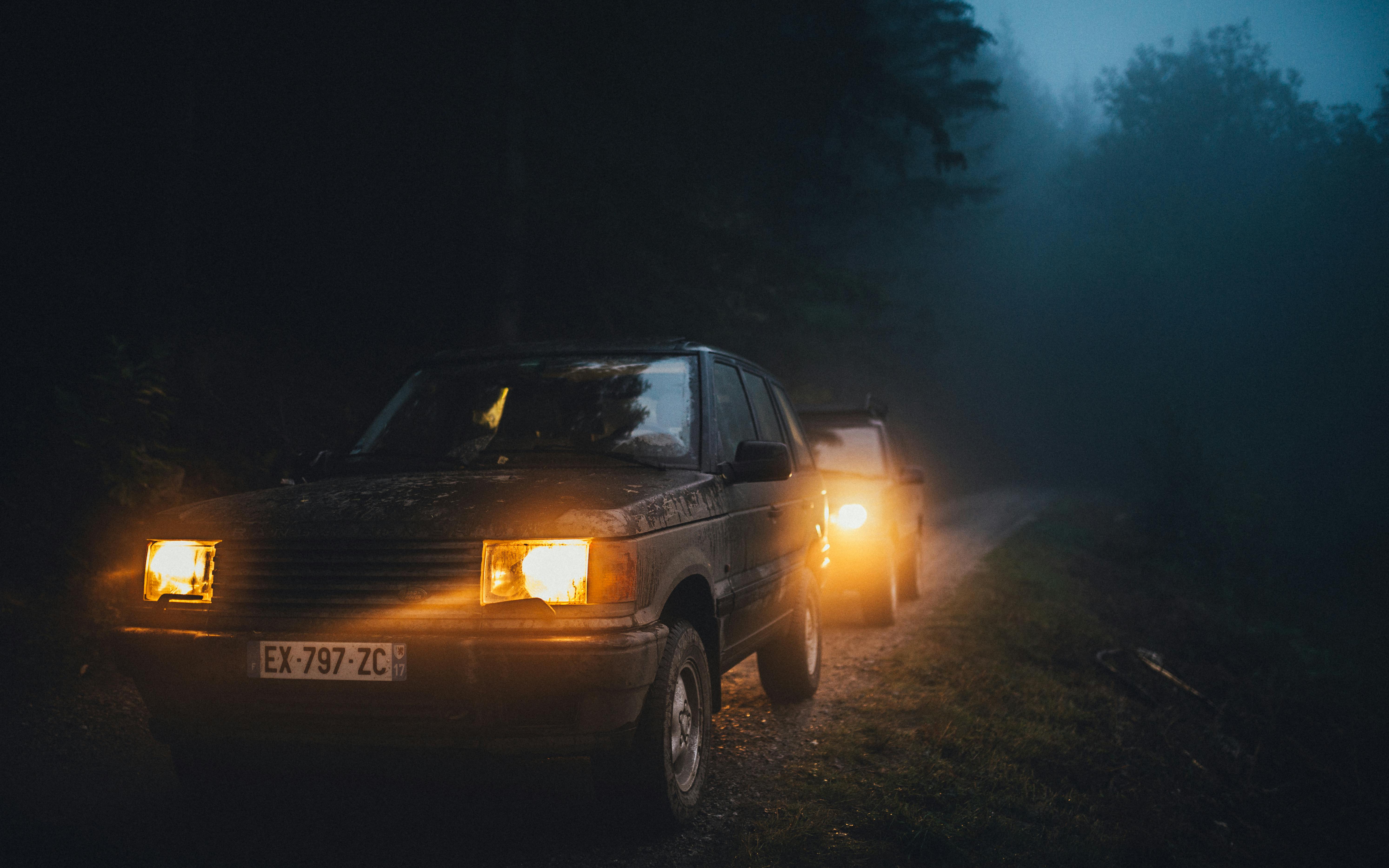 Free stock photo of #landrover #p39 #night #fog #smoke #forest #mud