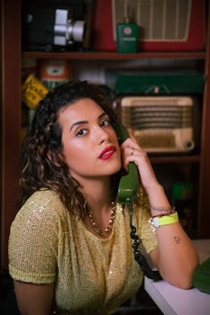 Stylish portrait of a woman with red lips holding a vintage phone, exuding retro glamour.