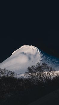 Snow-covered mountain peak with trees in the foreground under a deep night sky in Japan.