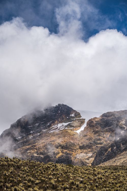 Free Stunning view of a mountain peak enveloped by clouds and lush vegetation. Stock Photo