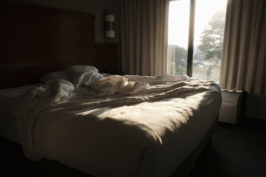 A comfortable bed in a bedroom with soft morning sunlight illuminating the room.