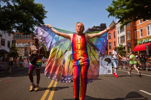 Free Colorful costumes and butterfly wings in a lively pride parade on city streets under a summer sky. Stock Photo