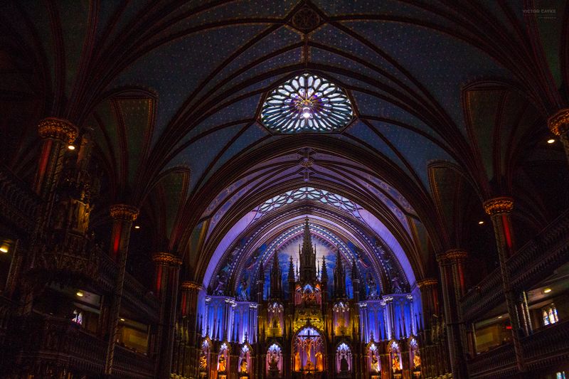 Blue and gold vaulted interior of Notre-Dame Basilica of Montreal