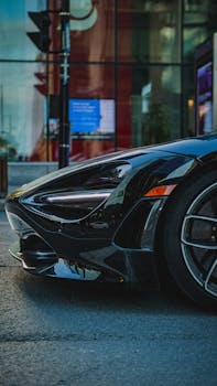 Close-up of a luxury sports car's front, showcasing sleek design on a night street.