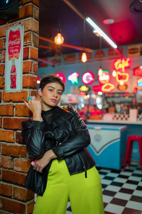 Woman with Short Hair Posing in Black Jacket