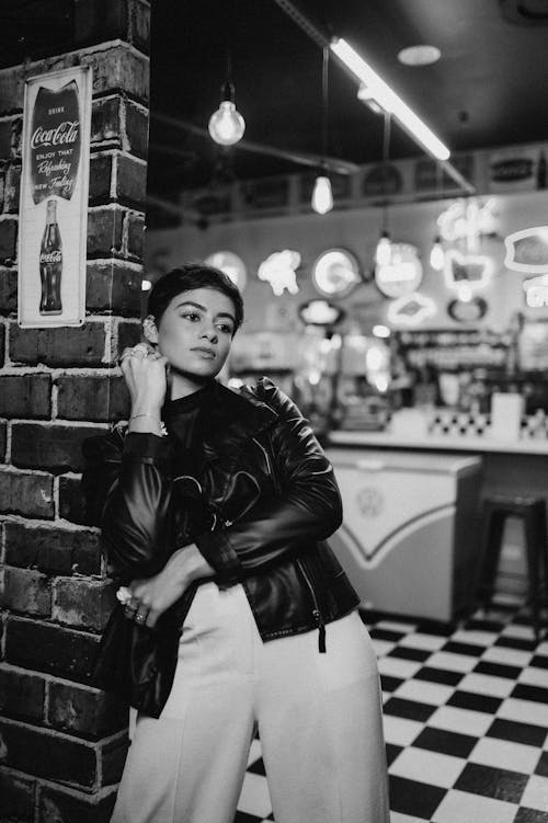 Free Woman in Jacket in Black and White Stock Photo