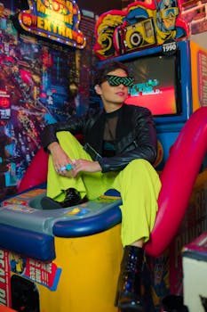 A fashionable woman poses in a colorful, illuminated arcade setting with neon lights.