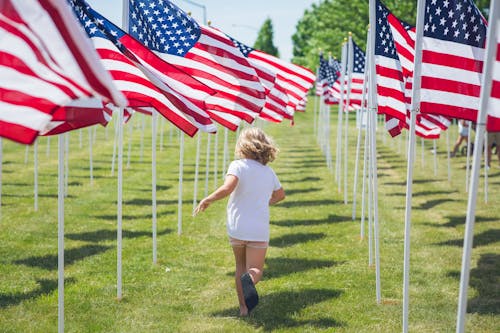 Ilmainen kuvapankkikuva tunnisteilla amerikan liput, blondi, juokseminen