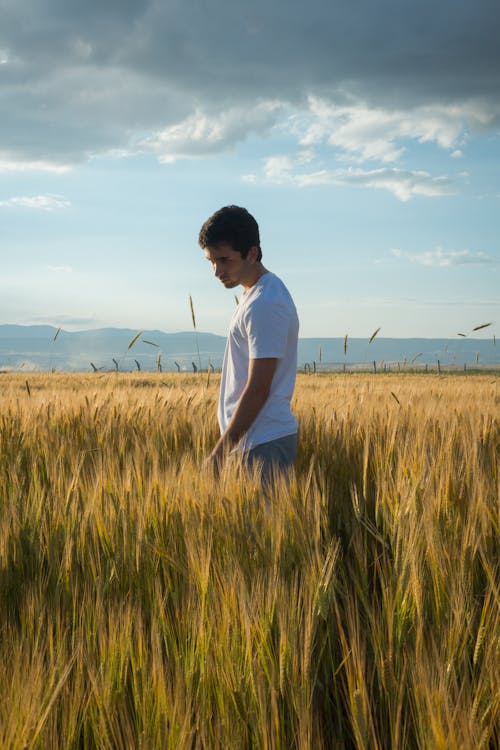 Man in T-shirt on Rural Field