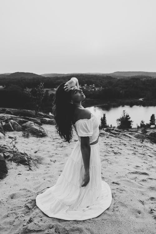 Woman in White Dress in Black and White