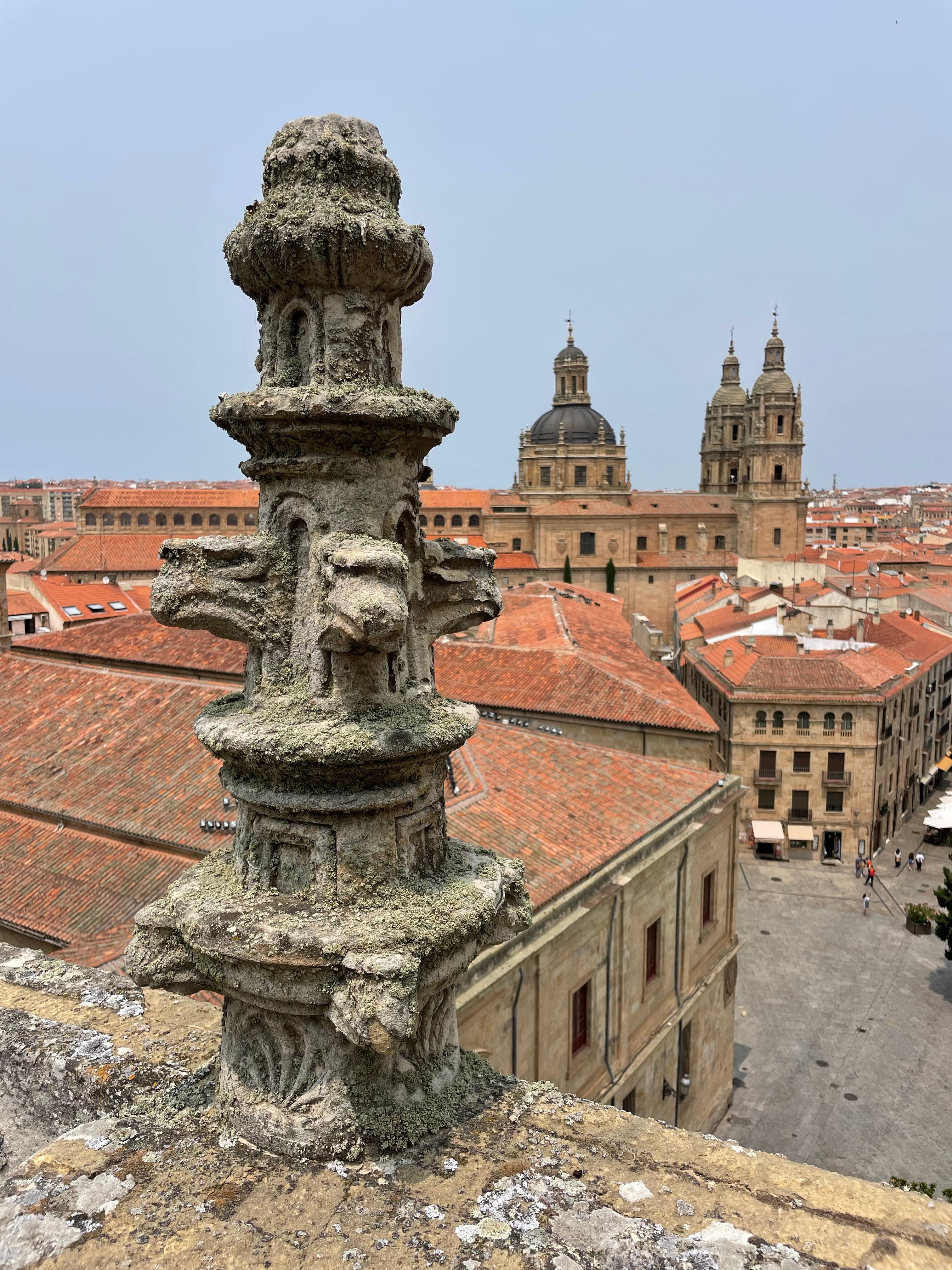A scenic view of an old town with a prominent cathedral and rustic rooftops.