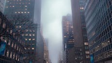 清晨，纽约市中心的摩天大楼笼罩在雾中