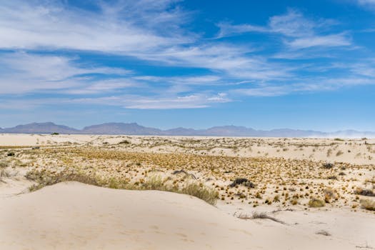 Beautiful desert landscape at White Sands, NM featuring sand dunes and clear blue sky.