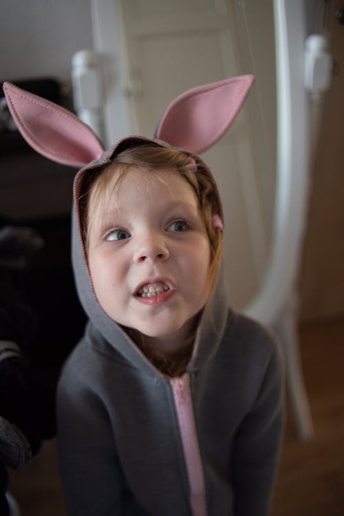 Funny Little Girl in Bunny Hoodie