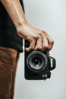 手持单反相机的特写镜头，非常适合表现摄影概念