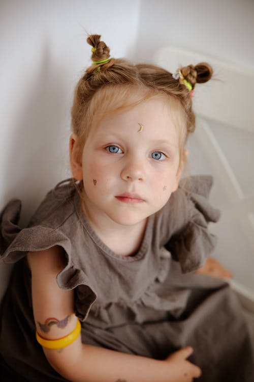 Little Girl in Gray Dress Looking at Camera