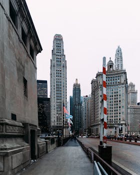 探索芝加哥城市街道两旁引人注目的历史摩天大楼建筑