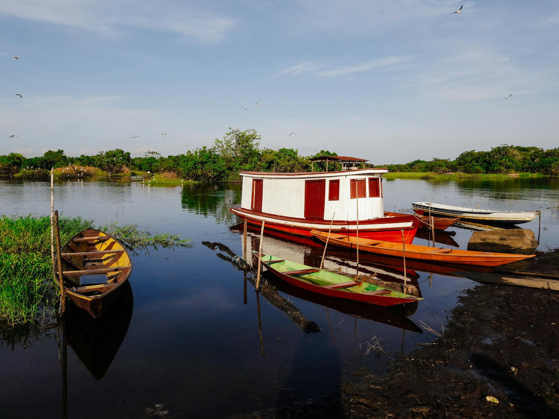 Serene scene of colorful boats moored along the Amazon River in Anori, Brazil.