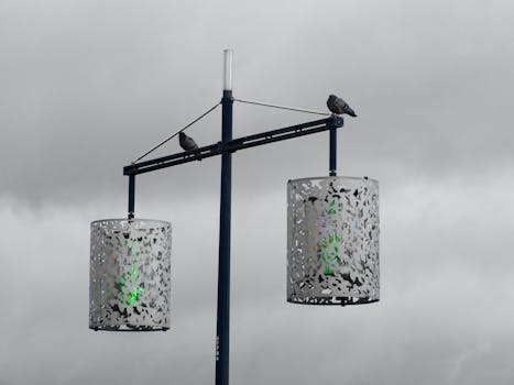 Two pigeons perched on a decorative lamp post against a cloudy sky in Bordeaux, France.