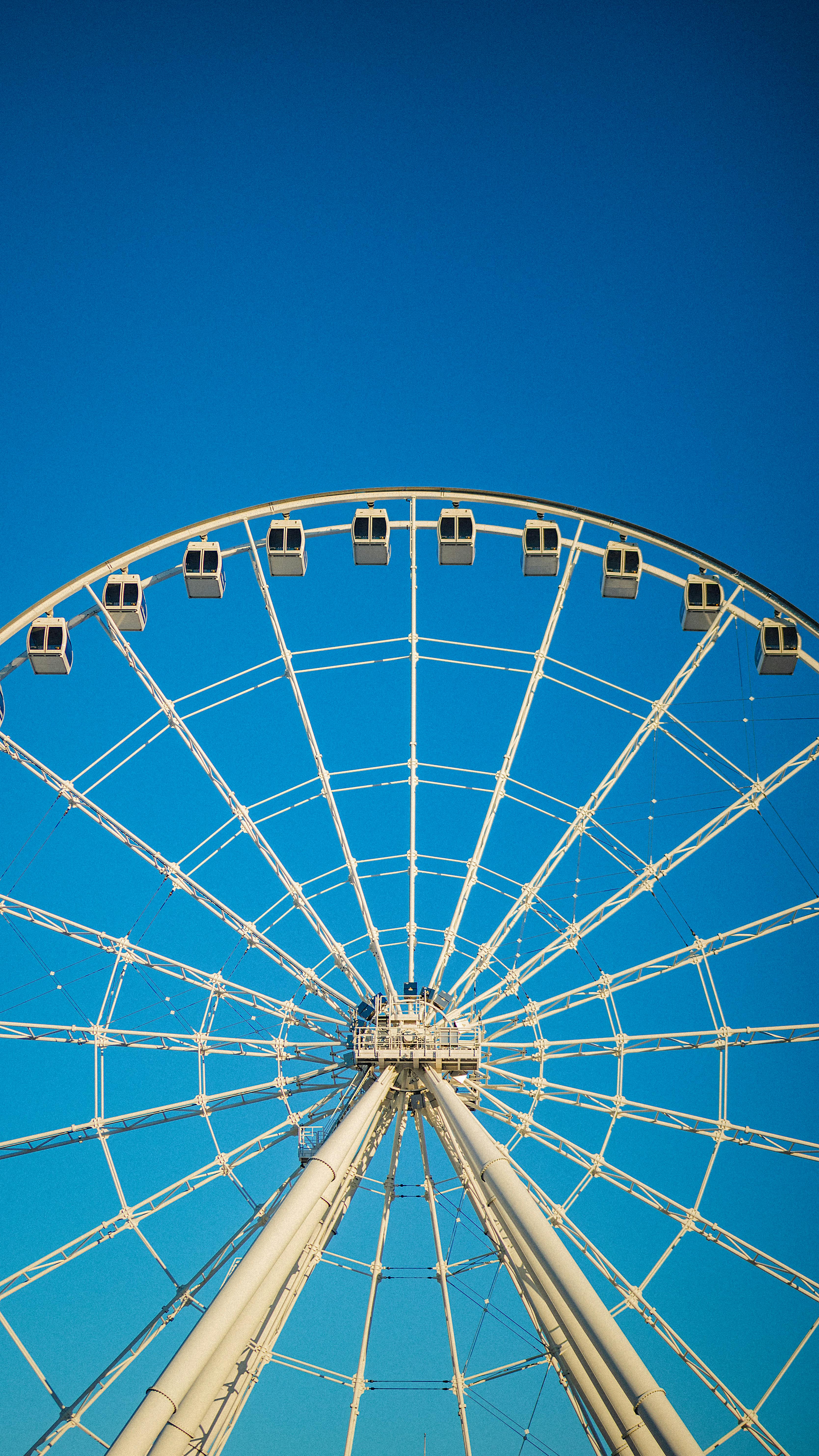 A stunning Ferris wheel set against a vibrant blue sky, capturing the essence of amusement parks.