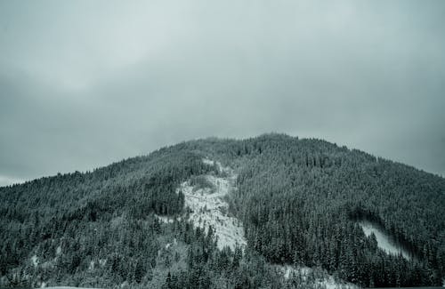 Grayscale Photography of Mountain Under Cloudy Sky