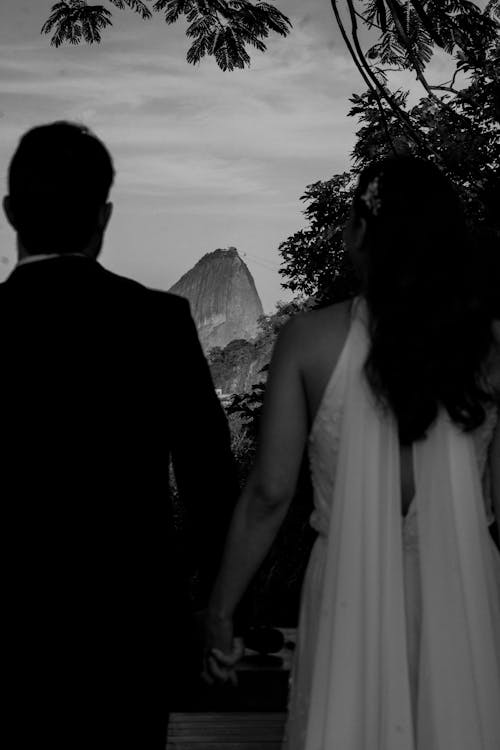 Back View of Newlyweds in Black and White