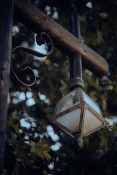 A vintage lantern hanging from a wooden post with lush green foliage in the background.