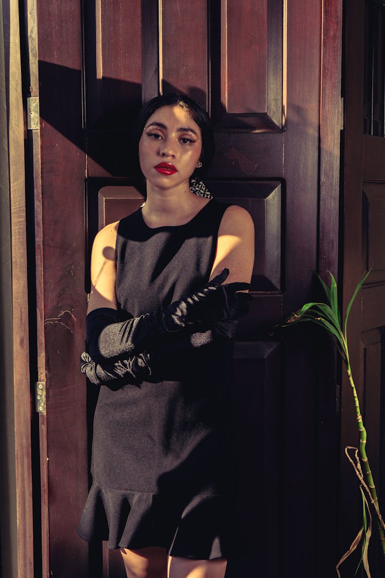 Elegant Woman In A Black Dress And Gloves Standing By The Door