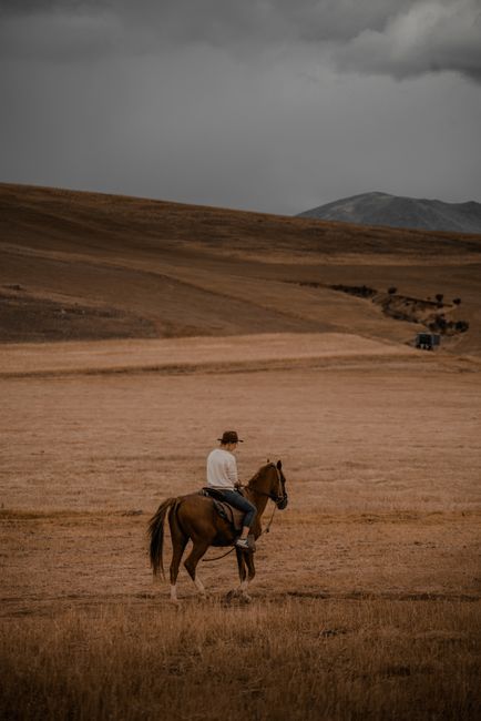 A lone cowboy rides his horse through a stunning, expansive desert landscape under an overcast sky.