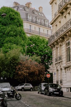 Quaint cobblestone street in Paris with elegant buildings and lush greenery.